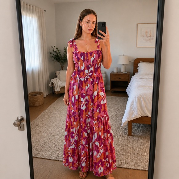 Japna Dresses & Skirts - Floral Tiered Maxi Dress Size Large Pink Smocked Tie Shoulder Boho Resort Summer